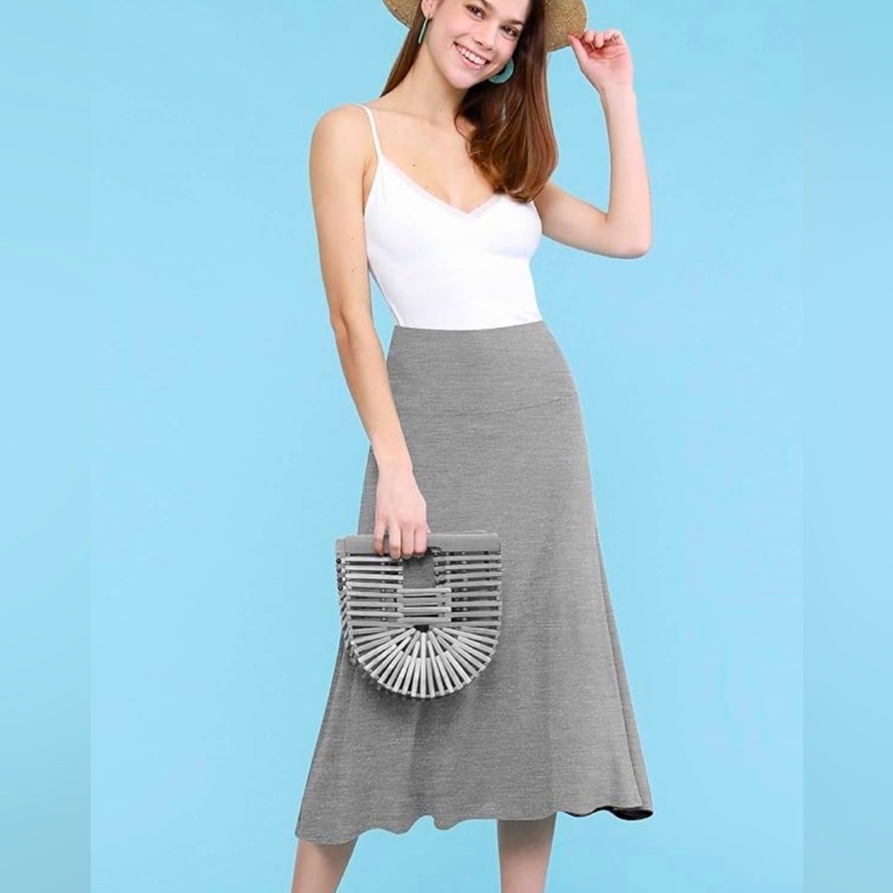NWT Lock and & Love Premium Heather Gray Flare Midi Pull On Up Skirt L
